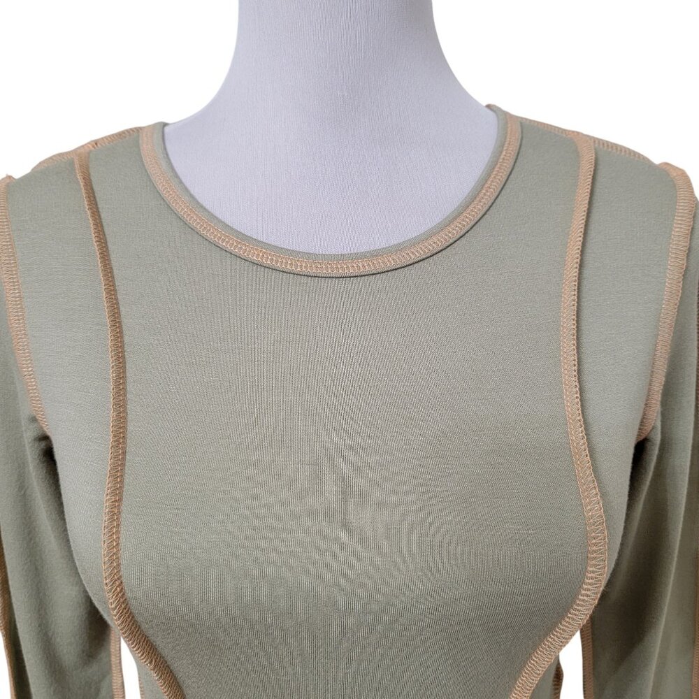 Forever 21 Size S Light Moss Green with Yellow Exposed Seam Cropped Top, NEW - Picture 2 of 11